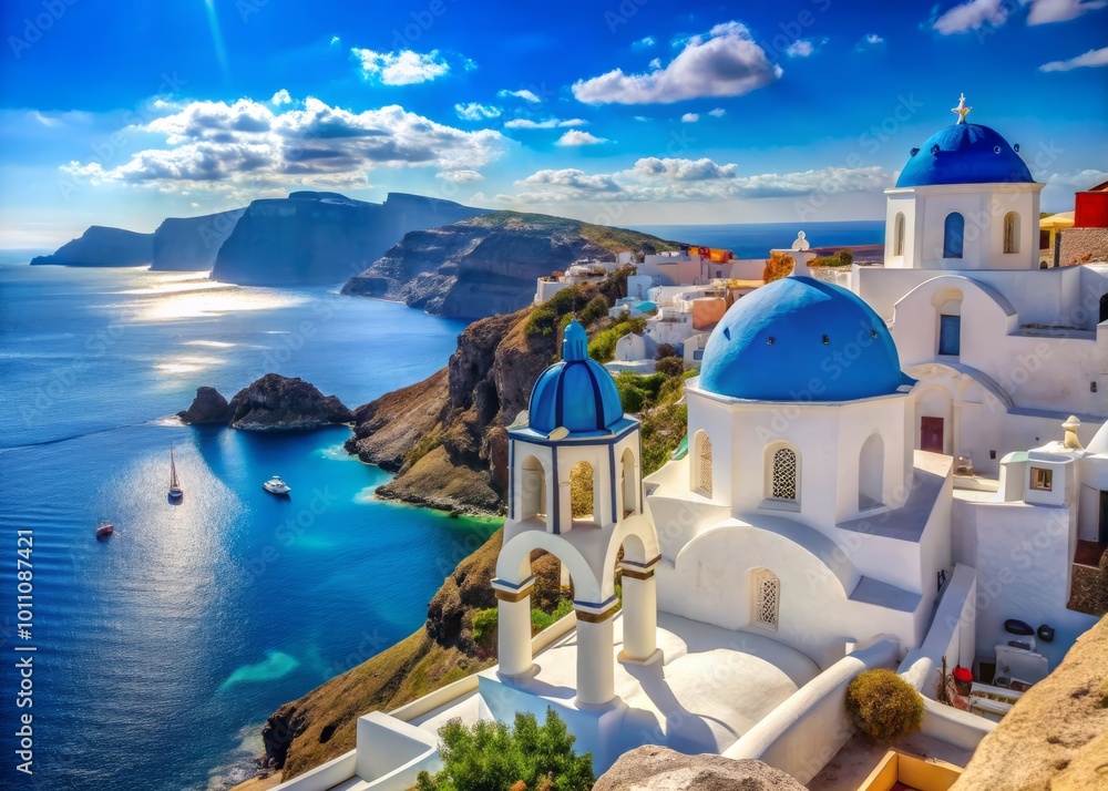 Fototapeta premium Experience the breathtaking beauty of Santorini Island, where iconic white buildings meet crystal blue waters, creating