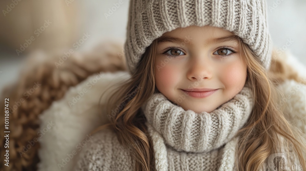 A smiling child wearing a cozy knitted hat and scarf indoors. A smiling child wearing a cozy knitted hat and scarf indoors.