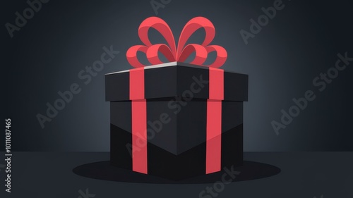 Elegant Black Gift Box Red Ribbon Dark Background - Perfect Holiday Promotions, Gift Sales, Special Occasions