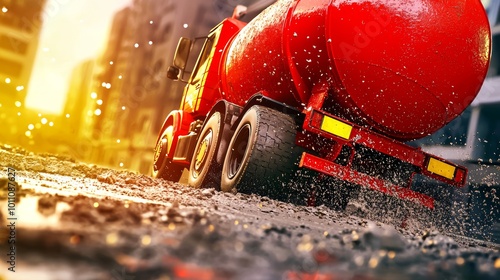 Red Cement Mixer Truck Pouring Concrete on Construction Site photo