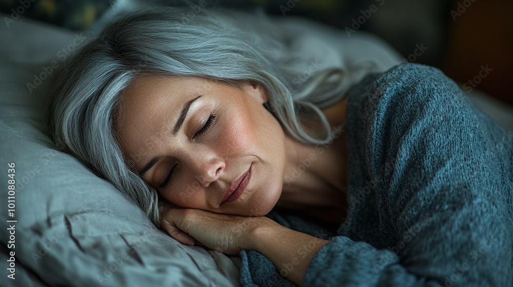 peaceful and comfortable sleep of a mature woman resting alone in bed enjoying a quiet night in a calm and serene bedroom environment peaceful and comfortable sleep of a mature woman resting alone in bed enjoying a quiet night in a calm and serene bedroom environment