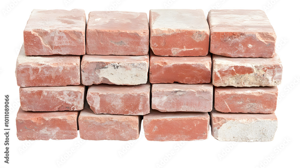 Fototapeta premium A simple, neat pile of red rectangular bricks stacked in an organized manner. Each brick is clearly defined, with visible texture and rough edges