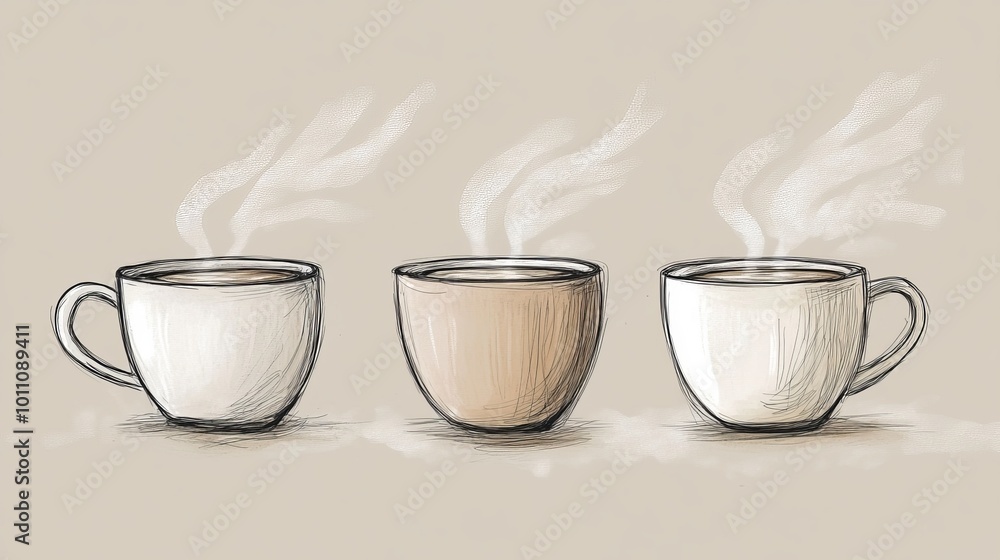 Three mugs filled with steaming beverages, drawn in a simple style. Three mugs filled with steaming beverages, drawn in a simple style.