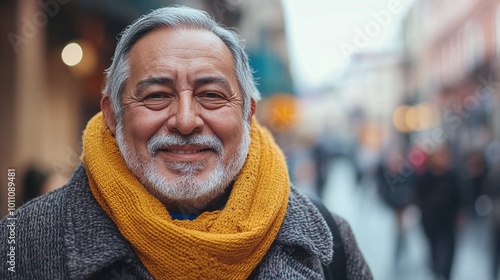 smiling elder man posing in a vibrant city street looking at the camera and showcasing his confidence and happiness in a casual urban portrait