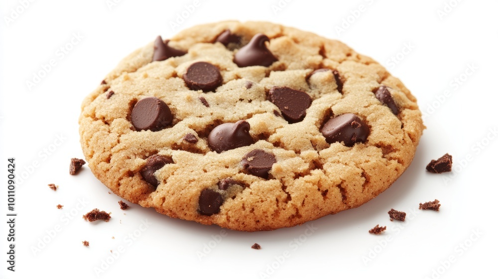 A single chocolate chip cookie with crumbs around it, set against a plain white background. A single chocolate chip cookie with crumbs around it, set against a plain white background.