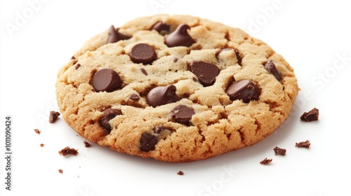 A single chocolate chip cookie with crumbs around it, set against a plain white background.