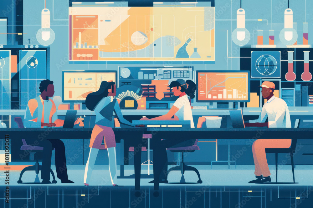 A diverse team in a high-tech lab, working on innovative projects, showcasing teamwork and creativity. A diverse team in a high-tech lab, working on innovative projects, showcasing teamwork and creativity.