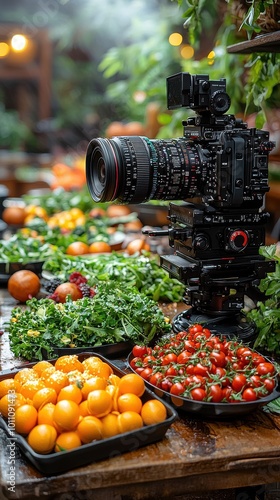 A professional camera captures fresh produce at a bustling farmers market in the afternoon sun highlighting vibrant colors and textures