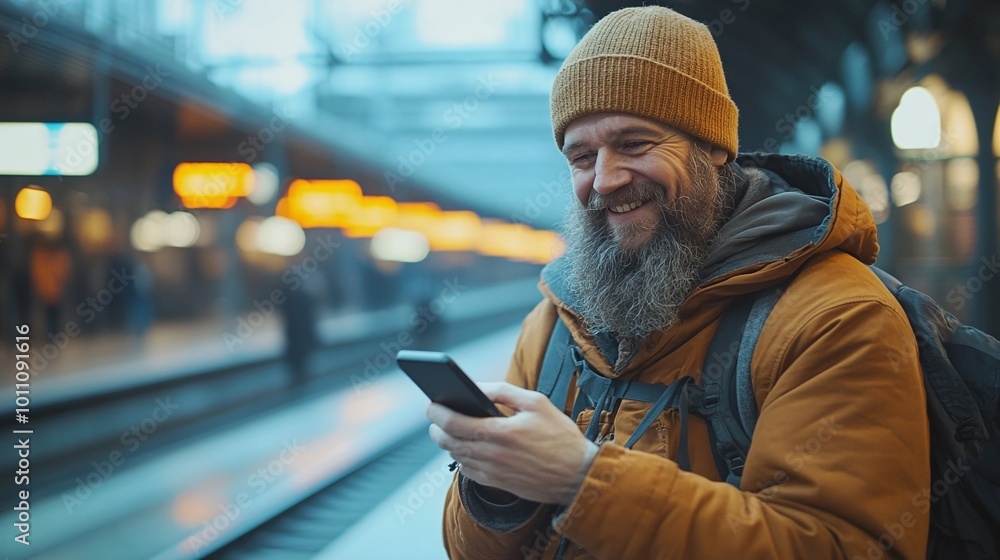 happy traveler smiling while looking at his smartphone at a train station as he waits for his train, enjoying a relaxed moment during his journey happy traveler smiling while looking at his smartphone at a train station as he waits for his train, enjoying a relaxed moment during his journey