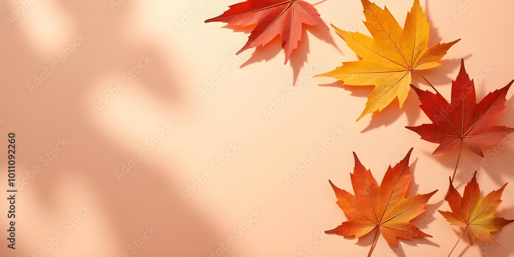 Dried maple leaves on pastel sunlit background with shadow. Autumn, fall, thanksgiving day concept. Flat lay, top view Dried maple leaves on pastel sunlit background with shadow. Autumn, fall, thanksgiving day concept. Flat lay, top view