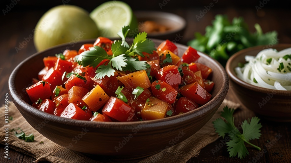 A bowl of diced red and yellow peppers, garnished with cilantro, next to bowls of lime, cilantro, and rice noodles, on a wood table. A bowl of diced red and yellow peppers, garnished with cilantro, next to bowls of lime, cilantro, and rice noodles, on a wood table.