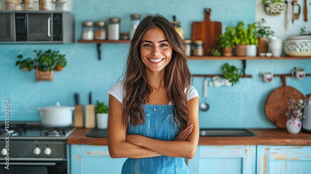 proud homemaker smiling and standing in her modern kitchen showing off the clean and organized space in a comfortable and relaxed home setting proud homemaker smiling and standing in her modern kitchen showing off the clean and organized space in a comfortable and relaxed home setting