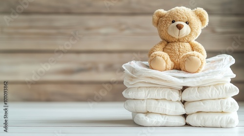 A stack of baby diapers with a cute teddy bear sitting on top. The floor is white and the wall is made of wood. This is a picture of newborn nappies.