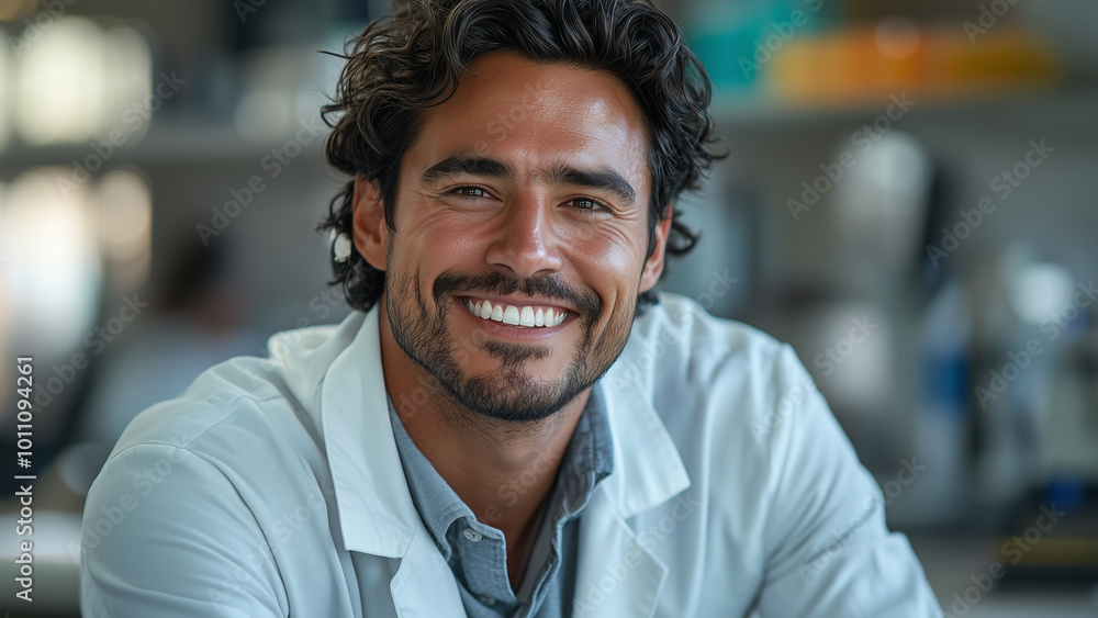 Latino Hispanic Man Biologist - doctor, male, scientist, lab, laboratory, professional, coat, smiling, curly hair, work, healthcare, research, science, medicine, portrait Latino Hispanic Man Biologist - doctor, male, scientist, lab, laboratory, professional, coat, smiling, curly hair, work, healthcare, research, science, medicine, portrait