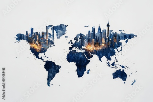Wallpaper Mural A watercolor city skyline merging into a map of continents, illustrating the global nature of modern partnerships. Torontodigital.ca