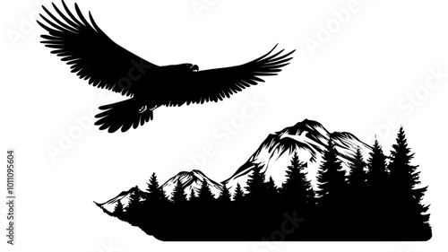 An eagle circles above a valley, wings spread wide, gliding effortlessly, vector illustration art
