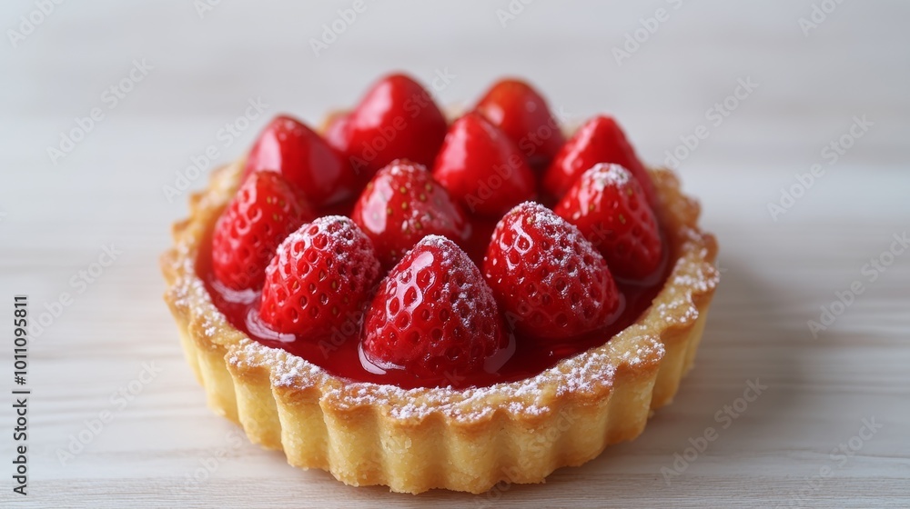 A tempting strawberry tart, ready to be enjoyed, sits on a white wooden surface. A tempting strawberry tart, ready to be enjoyed, sits on a white wooden surface.