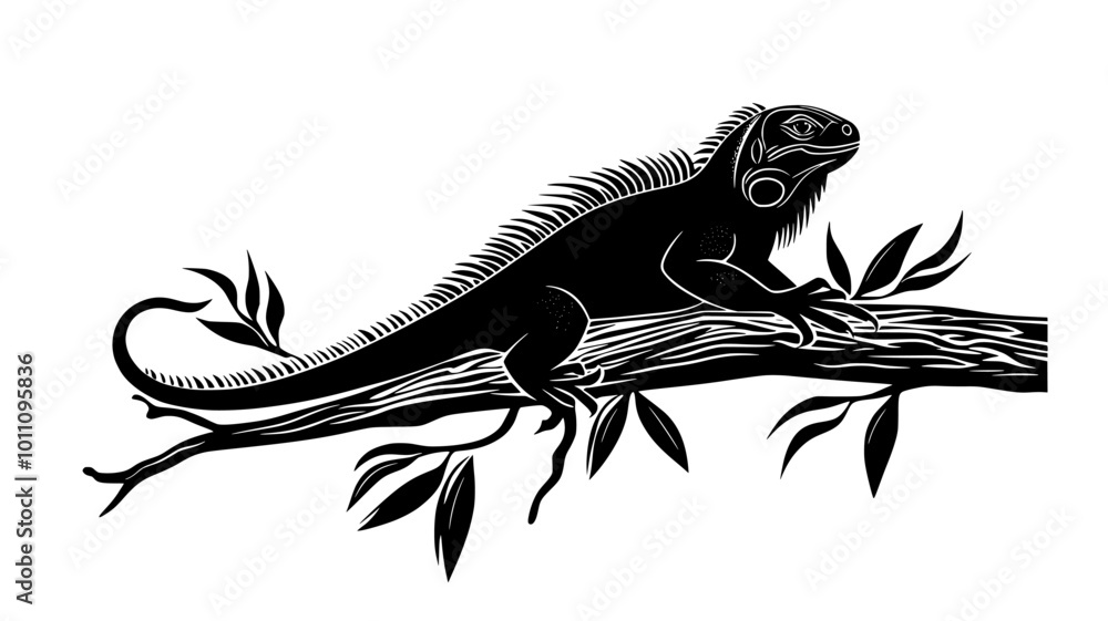 Fototapeta premium Iguana sitting on a branch, legs gripping the wood while tail hangs down, vector illustration art