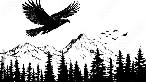 Eagle soaring above a mountainous landscape, wings fully extended, vector illustration art