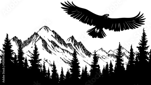 Eagle soaring above a mountainous landscape, wings fully extended, vector illustration art