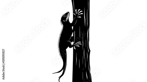 Iguana climbing a tall tree, using its claws to grip the rough bark, vector illustration art