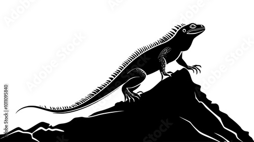 Iguana climbing down a steep incline, carefully placing its feet, vector illustration art