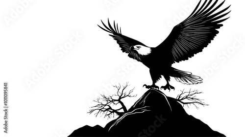 An eagle spreads its wings, readying for takeoff from a rocky outcrop, vector illustration art