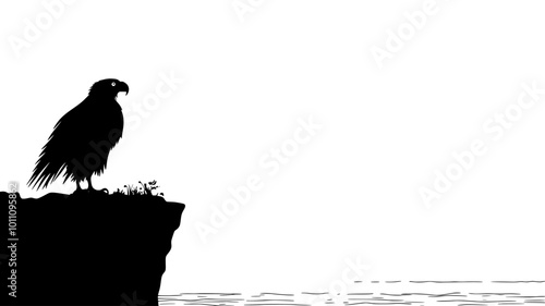 An eagle stands on a cliff edge, looking outward toward a distant horizon, vector illustration art