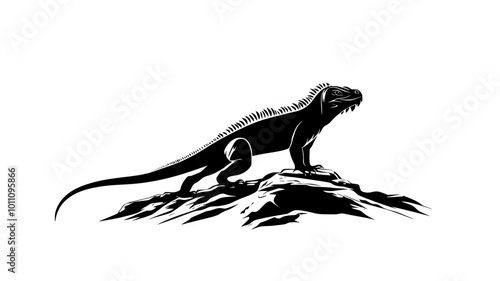 Iguana walking across a rocky surface, tail trailing behind, vector illustration art