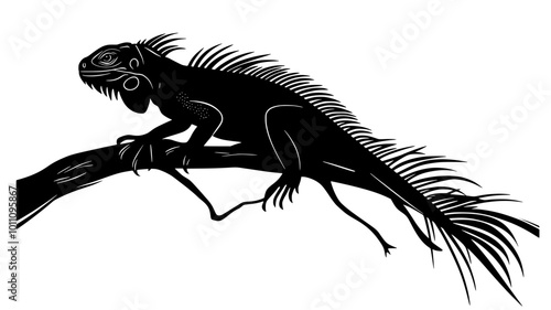 Iguana sitting on a branch, legs gripping the wood while tail hangs down, vector illustration art