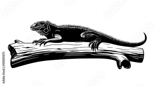 Iguana resting on a wide log, head raised while body remains still, vector illustration art
