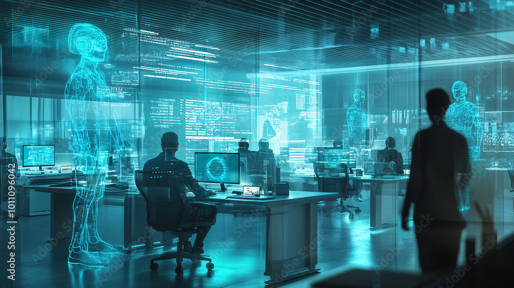 Futuristic Office with Holographic Projections of Human Figures Futuristic Office with Holographic Projections of Human Figures