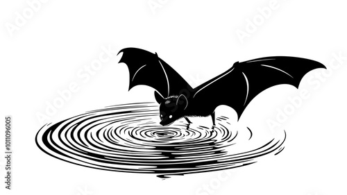 Bat drinking from a small pond, body skimming the water surface, vector illustration art