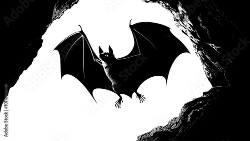 Bat emerging from a cave, wings fully open, moving into the air, vector illustration art