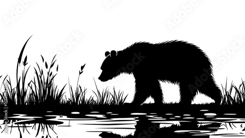 Bear walking slowly along a riverbank, sniffing the ground, vector illustration art