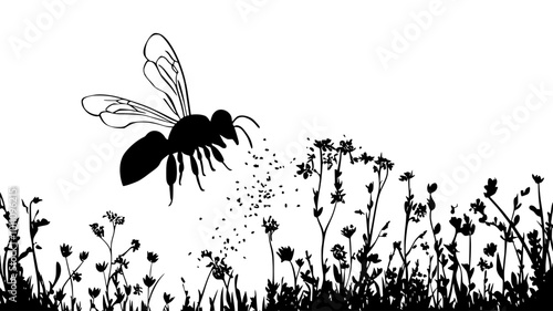 A bee carries pollen on its legs as it moves between flowers in a field, vector illustration art