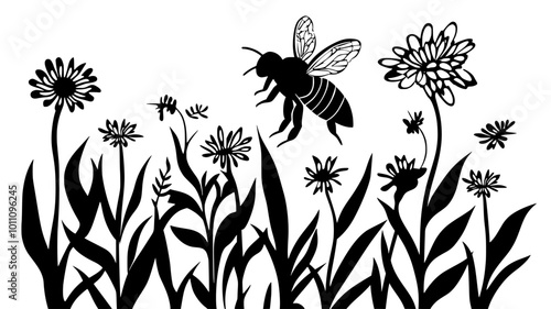 A bee flits between plants, searching for the next flower in the garden, vector illustration art