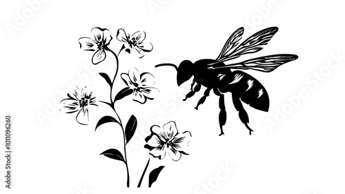 A bee hovers near a flowering plant, its wings moving rapidly, vector illustration art