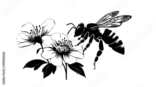 Bee collecting pollen from a flower with visible pollen baskets, vector illustration art