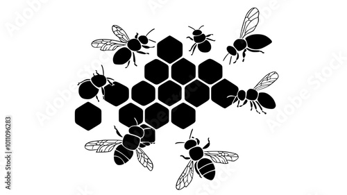 Bees building a honeycomb structure inside the hive, vector illustration art