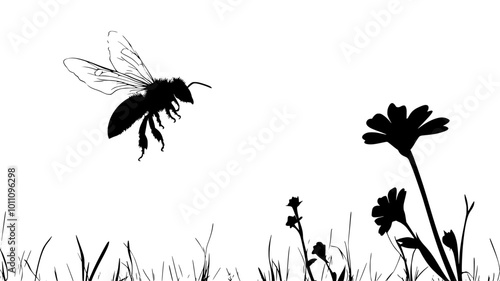 A bee flies toward a flower, preparing to collect pollen with its outstretched legs, vector illustration art