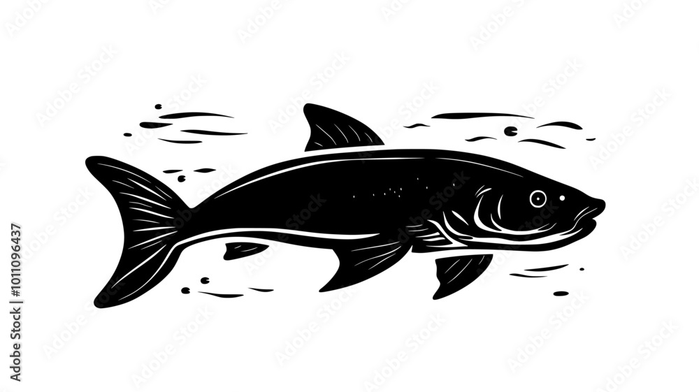 Catfish swimming near the bottom of a river, body close to the muddy surface, vector illustration art Catfish swimming near the bottom of a river, body close to the muddy surface, vector illustration art