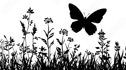 A butterfly flutters through a meadow, dodging the tall plants and grass around it, vector illustration art