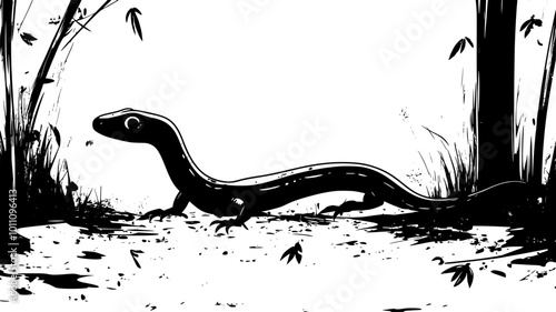 Caecilian moving slowly across muddy forest floor, leaving faint tracks, vector illustration art