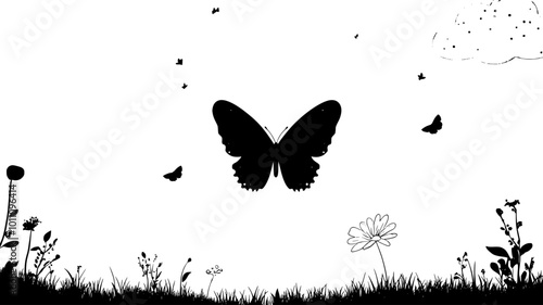 Butterfly in flight with wings fully extended against the sky, vector illustration art