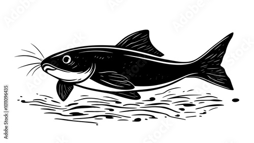 Catfish hovering above the muddy river floor, whiskers moving, vector illustration art