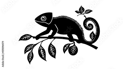 Chameleon grasping a branch with its prehensile tail wrapped around it, vector illustration art