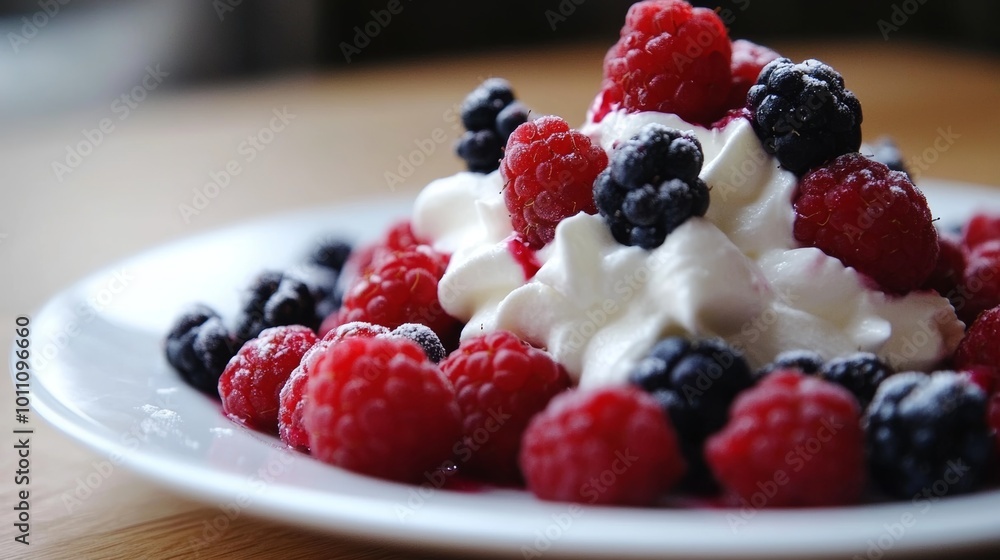 A white plate piled high with juicy berries and fluffy cream, ready for a sweet treat. A white plate piled high with juicy berries and fluffy cream, ready for a sweet treat.