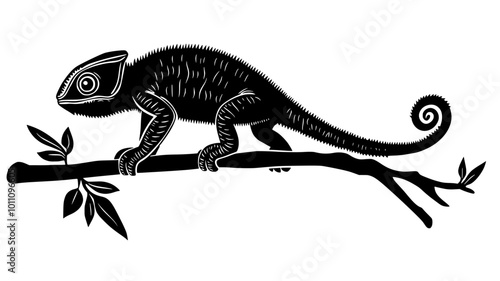 Chameleon walking on a branch with opposable toes grasping, vector illustration art