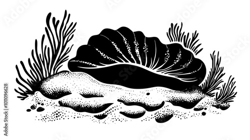A clam nestles into the sand, blending in with the surrounding underwater environment, vector illustration art